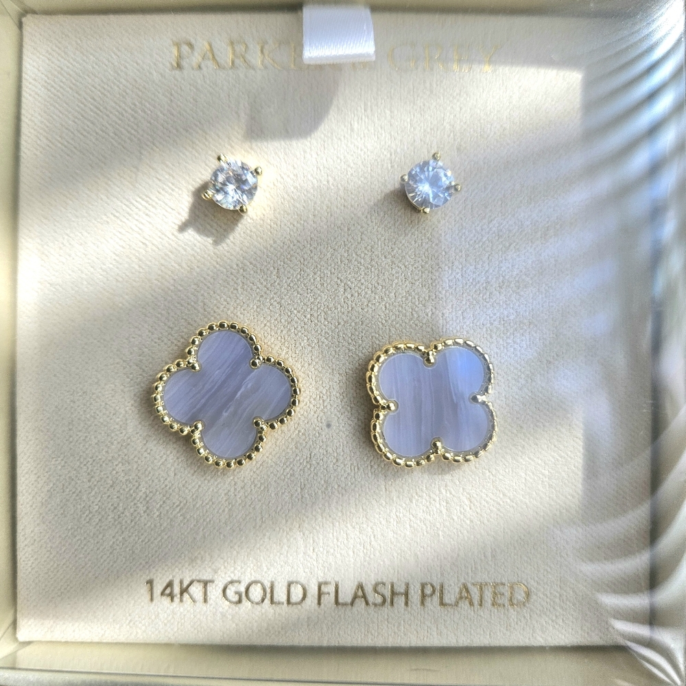 Powder Blue Clover Earrings Set In Gold With Faux Diamond Studs